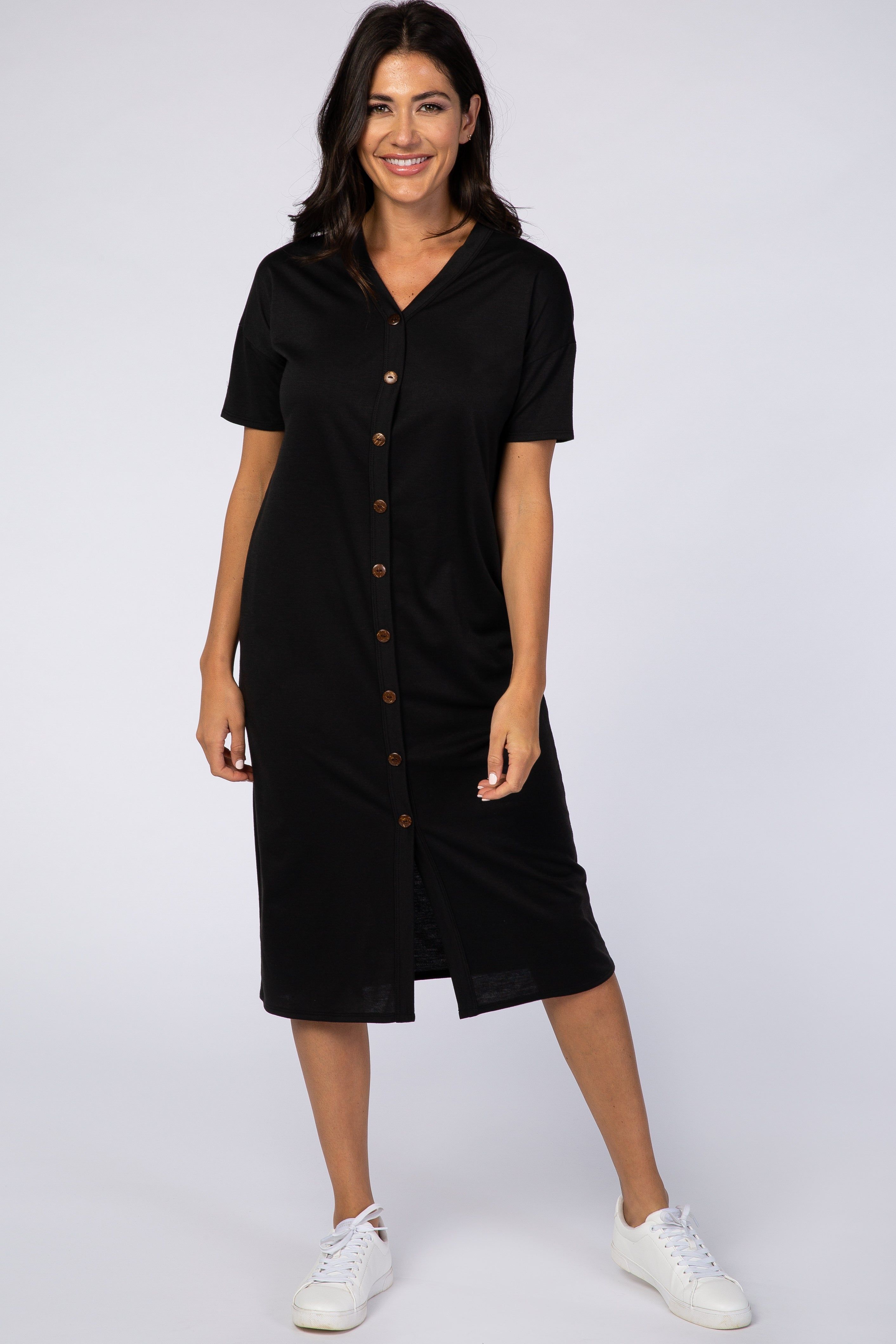 Black Short Sleeve V-Neck Button Detail Maternity Midi Dress sold by Pinkblush product image thumbnail 5