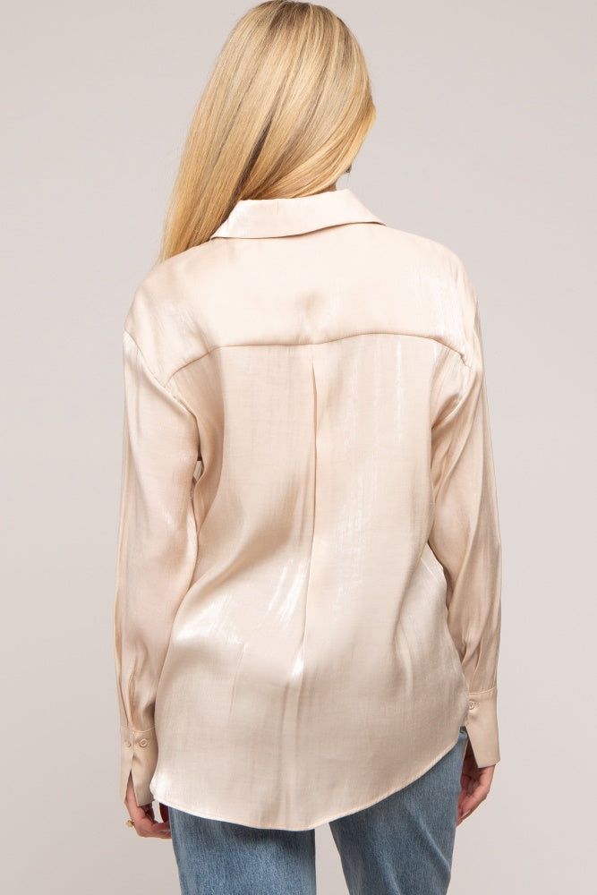 Beige Shimmer Satin Button Up Long Sleeve Maternity Blouse sold by Pinkblush product image thumbnail 3
