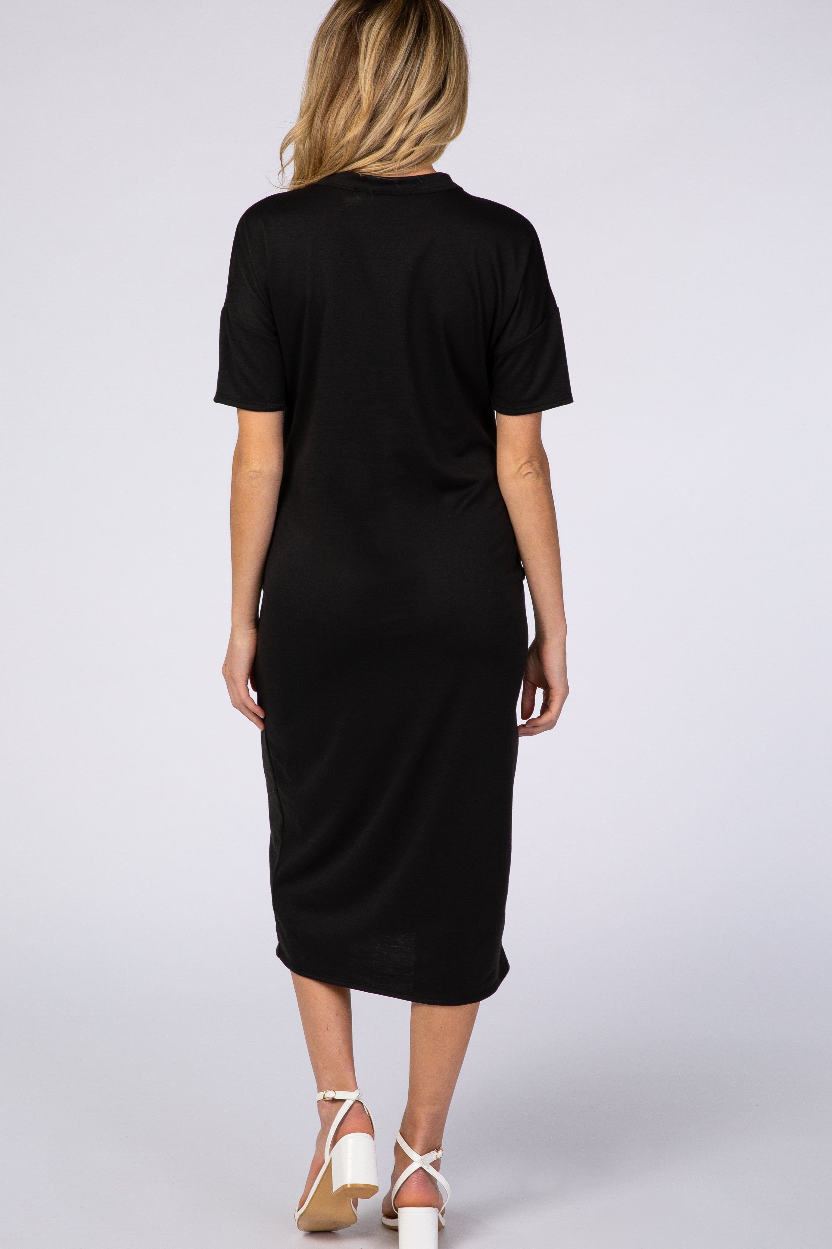 Black Short Sleeve V-Neck Button Detail Maternity Midi Dress sold by Pinkblush product image thumbnail 3