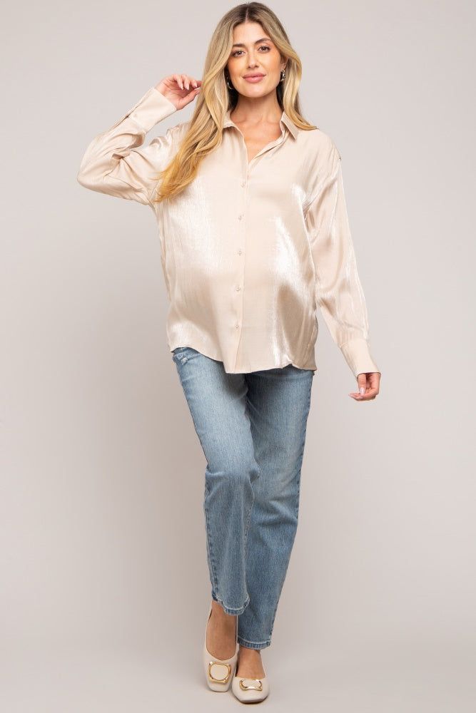 Beige Shimmer Satin Button Up Long Sleeve Maternity Blouse sold by Pinkblush product image thumbnail 4
