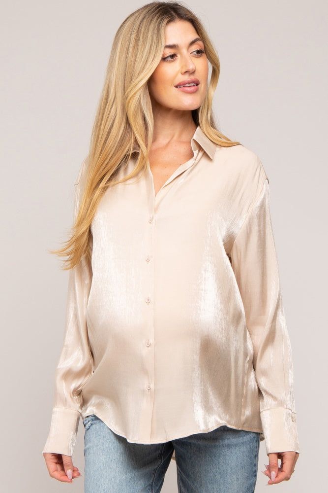 Beige Shimmer Satin Button Up Long Sleeve Maternity Blouse sold by Pinkblush