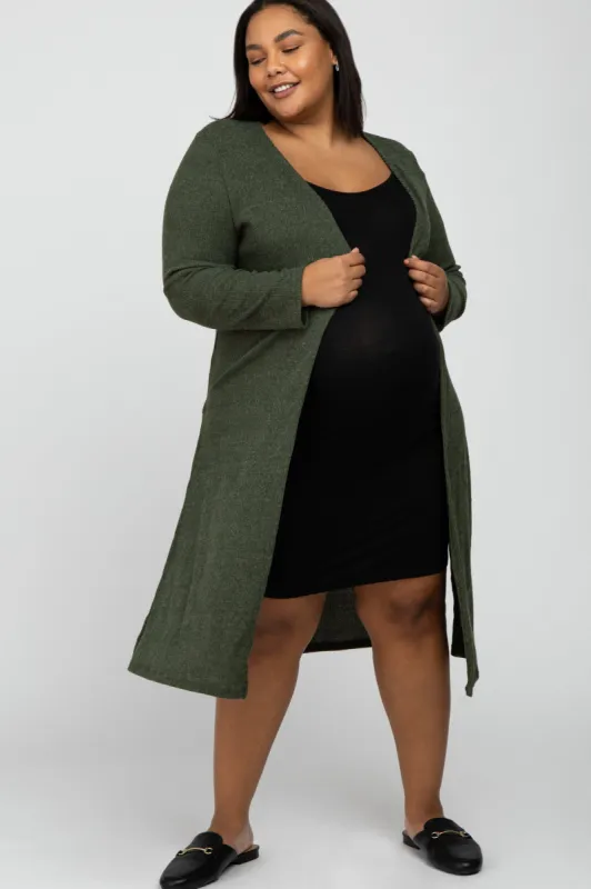Olive Heathered Ribbed Side Slit Long Plus Maternity Cardigan sold by Pinkblush