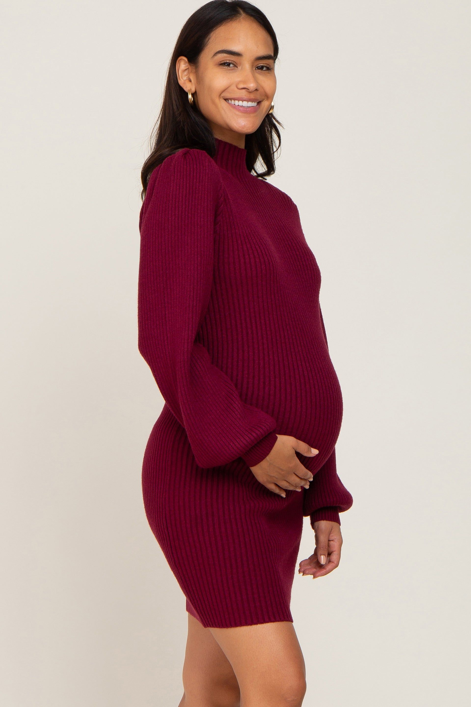 Burgundy Mock Neck Puff Sleeve Maternity Sweater Dress sold by Pinkblush product image thumbnail 2