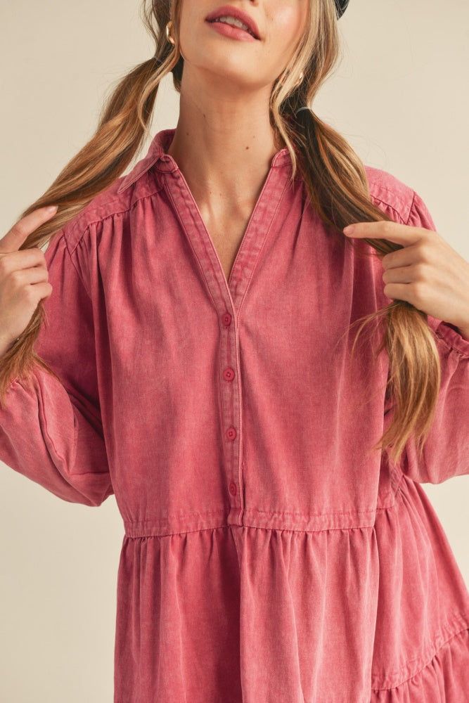 Magenta Tiered Button Down Washed Denim Mini Dress sold by Pinkblush product image thumbnail 3