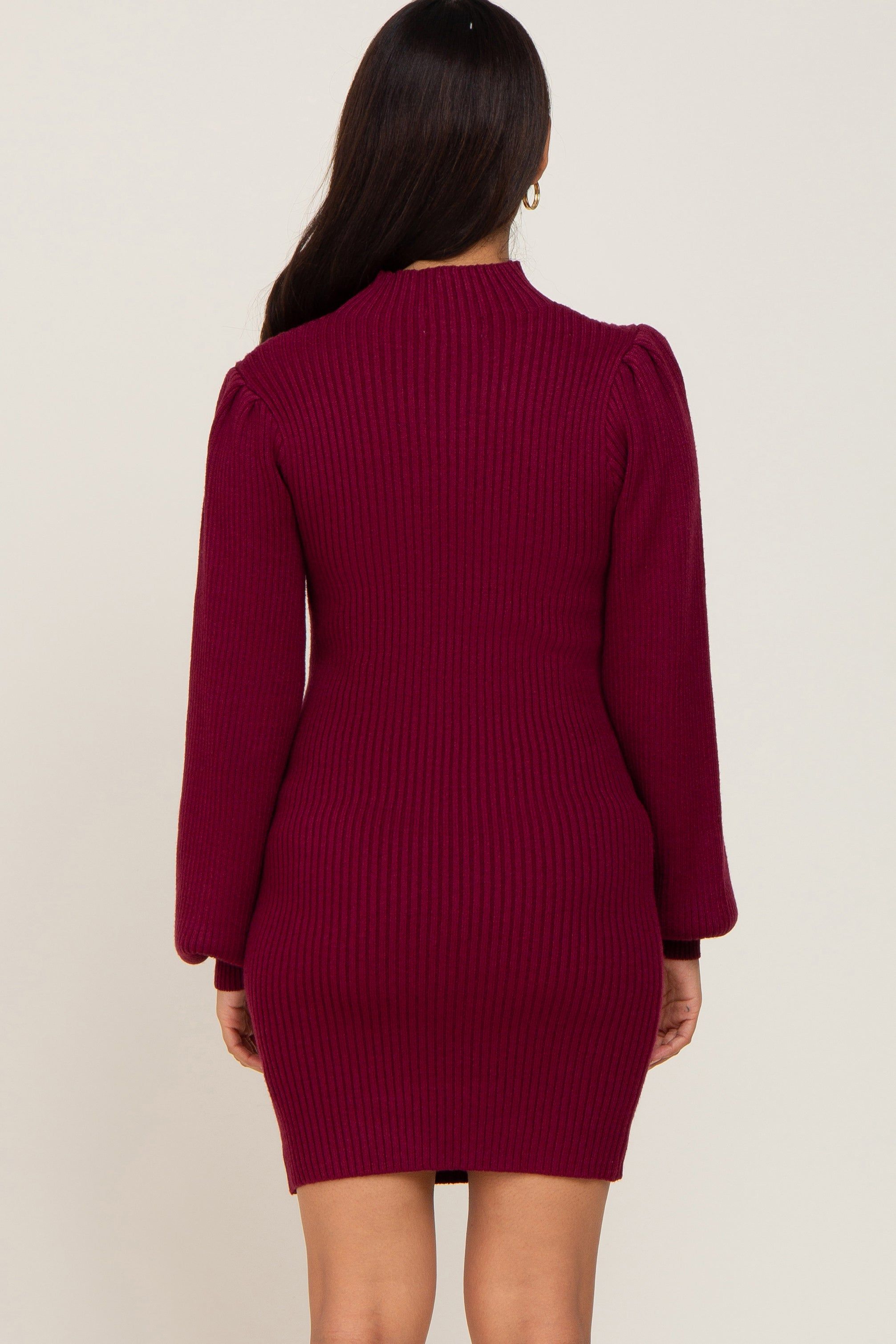 Burgundy Mock Neck Puff Sleeve Maternity Sweater Dress sold by Pinkblush product image thumbnail 3
