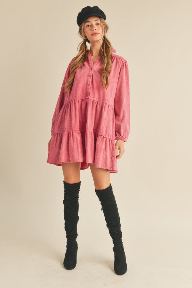 Magenta Tiered Button Down Washed Denim Mini Dress sold by Pinkblush product image thumbnail 4