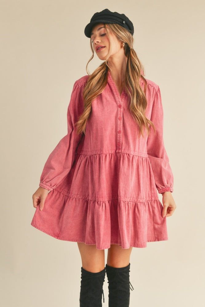 Magenta Tiered Button Down Washed Denim Mini Dress sold by Pinkblush