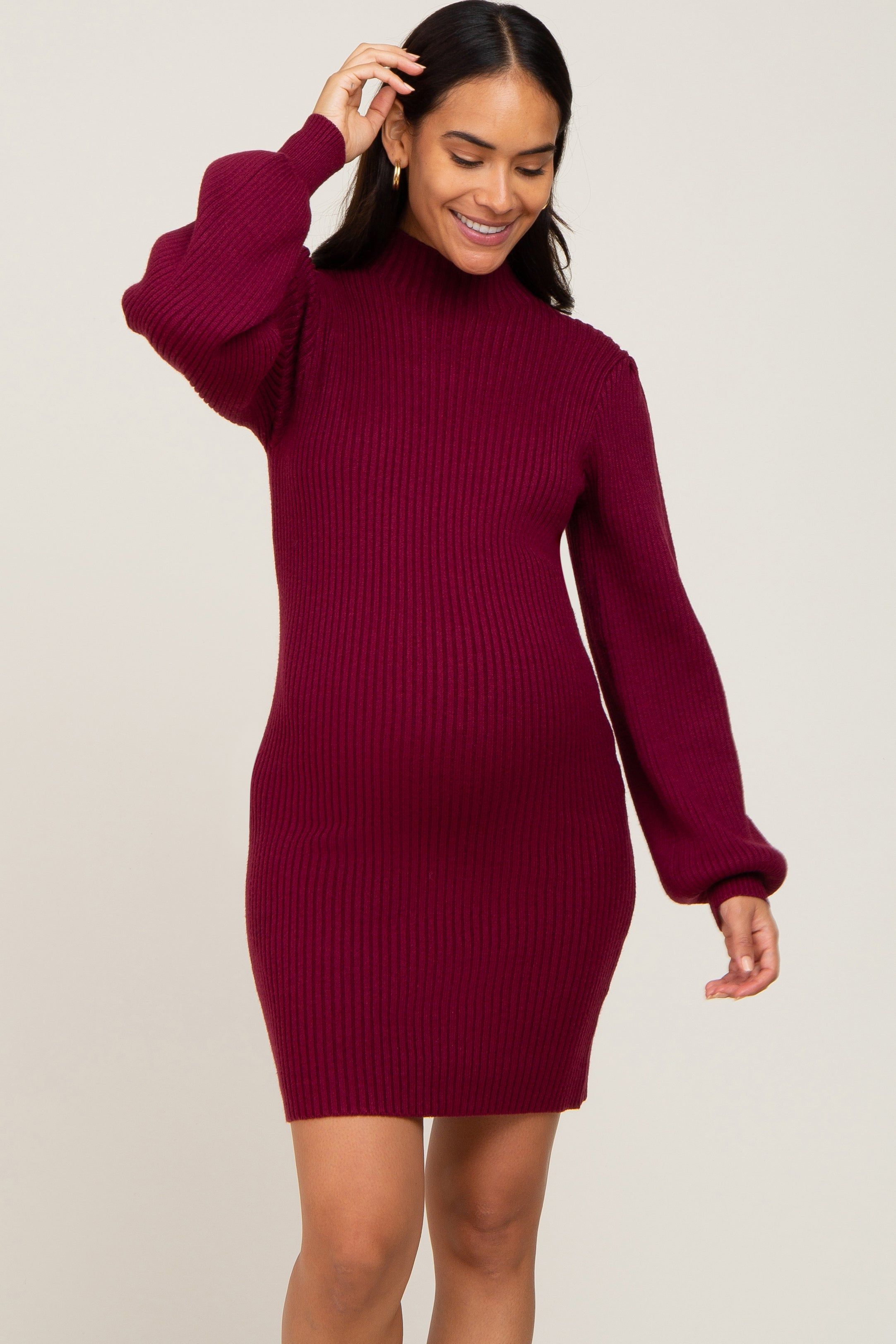 Burgundy Mock Neck Puff Sleeve Maternity Sweater Dress sold by Pinkblush