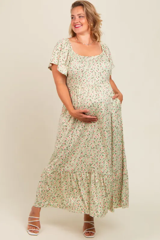 Light Green Floral Short Sleeve Maternity Plus Maxi Dress made by Pinkblush