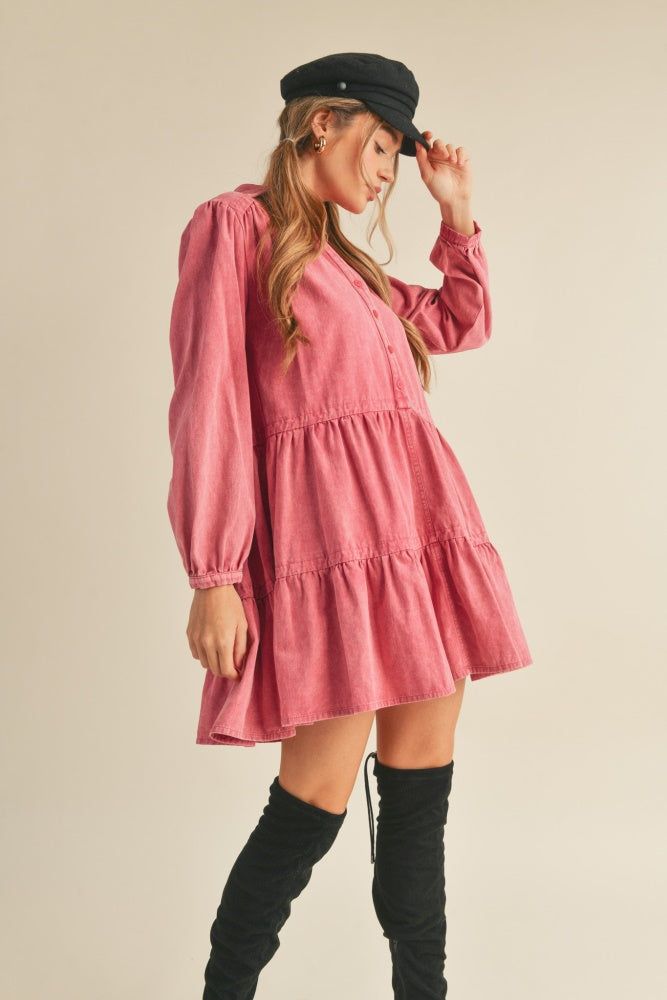 Magenta Tiered Button Down Washed Denim Mini Dress sold by Pinkblush product image thumbnail 2
