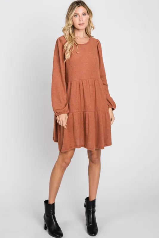 Rust Brushed Knit Tiered Dress sold by Pinkblush