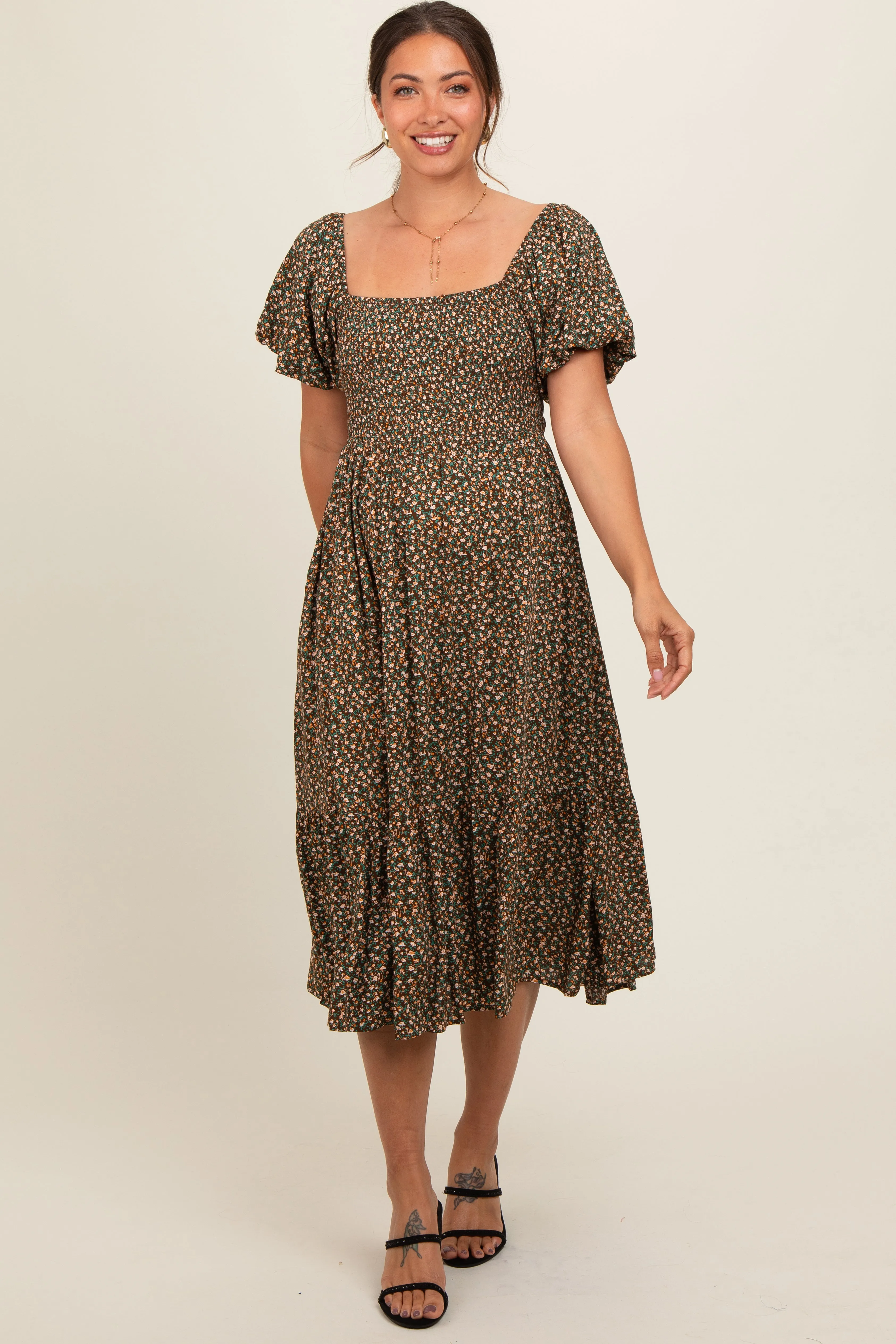 Olive Floral Smocked Maternity Midi Dress sold by Pinkblush