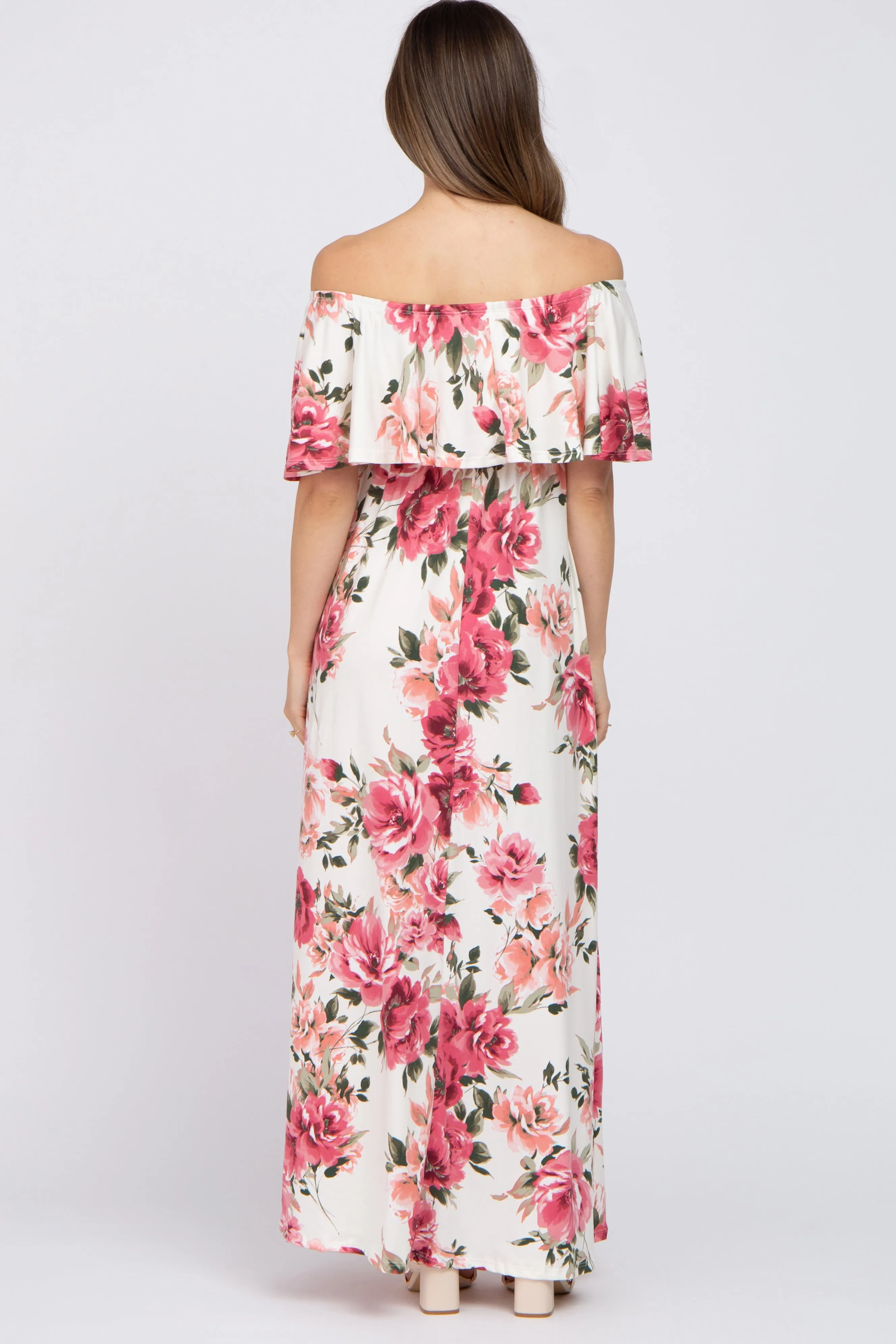 Ivory Floral Off Shoulder Flounce Maternity Maxi Dress sold by Pinkblush product image thumbnail 3