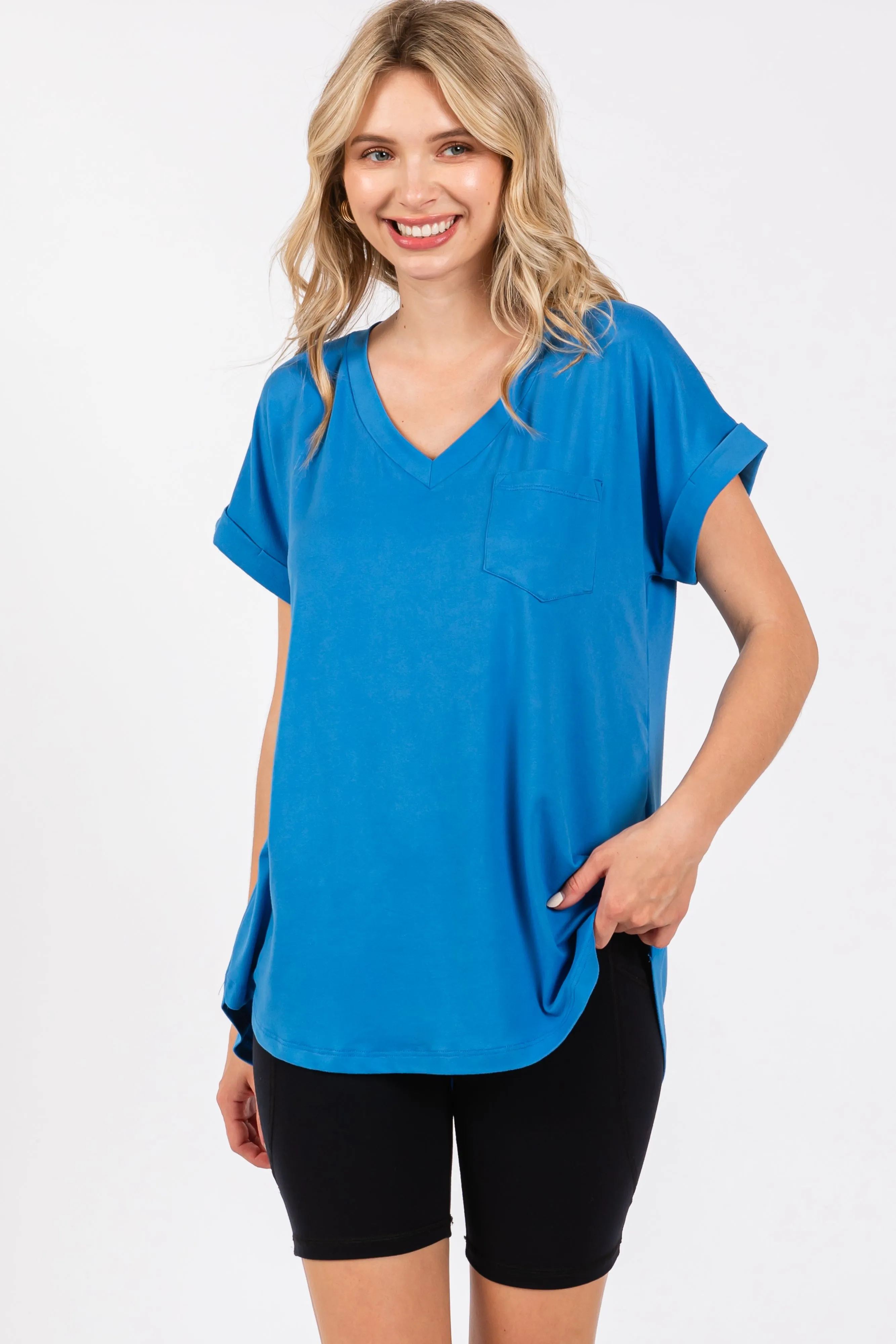 Royal Blue V-Neck Pocket Short Sleeve Shirt sold by Pinkblush