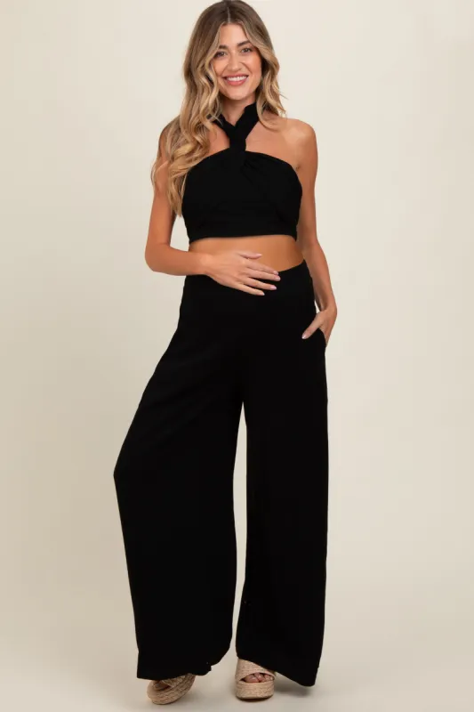 Black Linen Smocked Top and Pants Maternity Set sold by Pinkblush