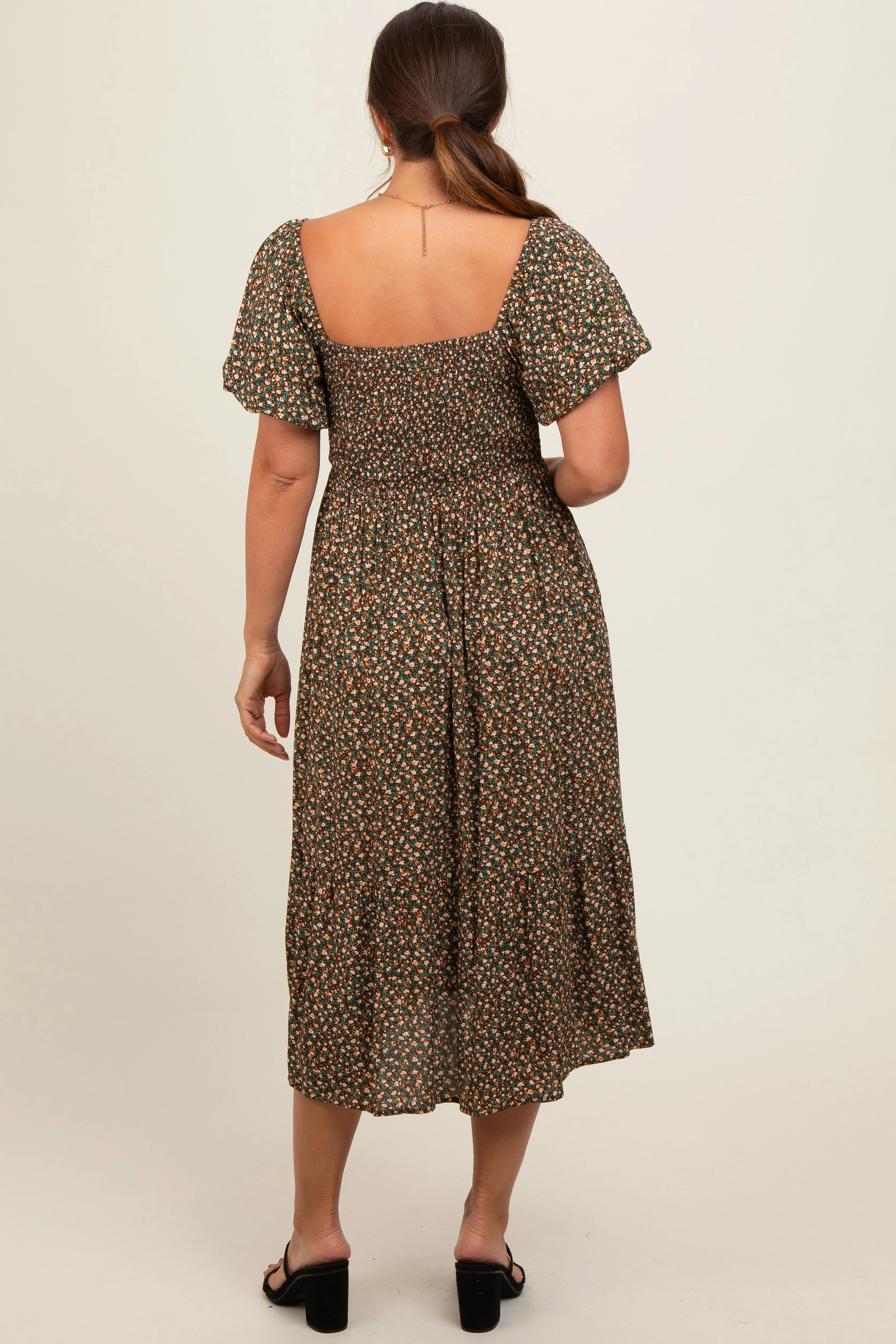 Olive Floral Smocked Maternity Midi Dress sold by Pinkblush product image thumbnail 2