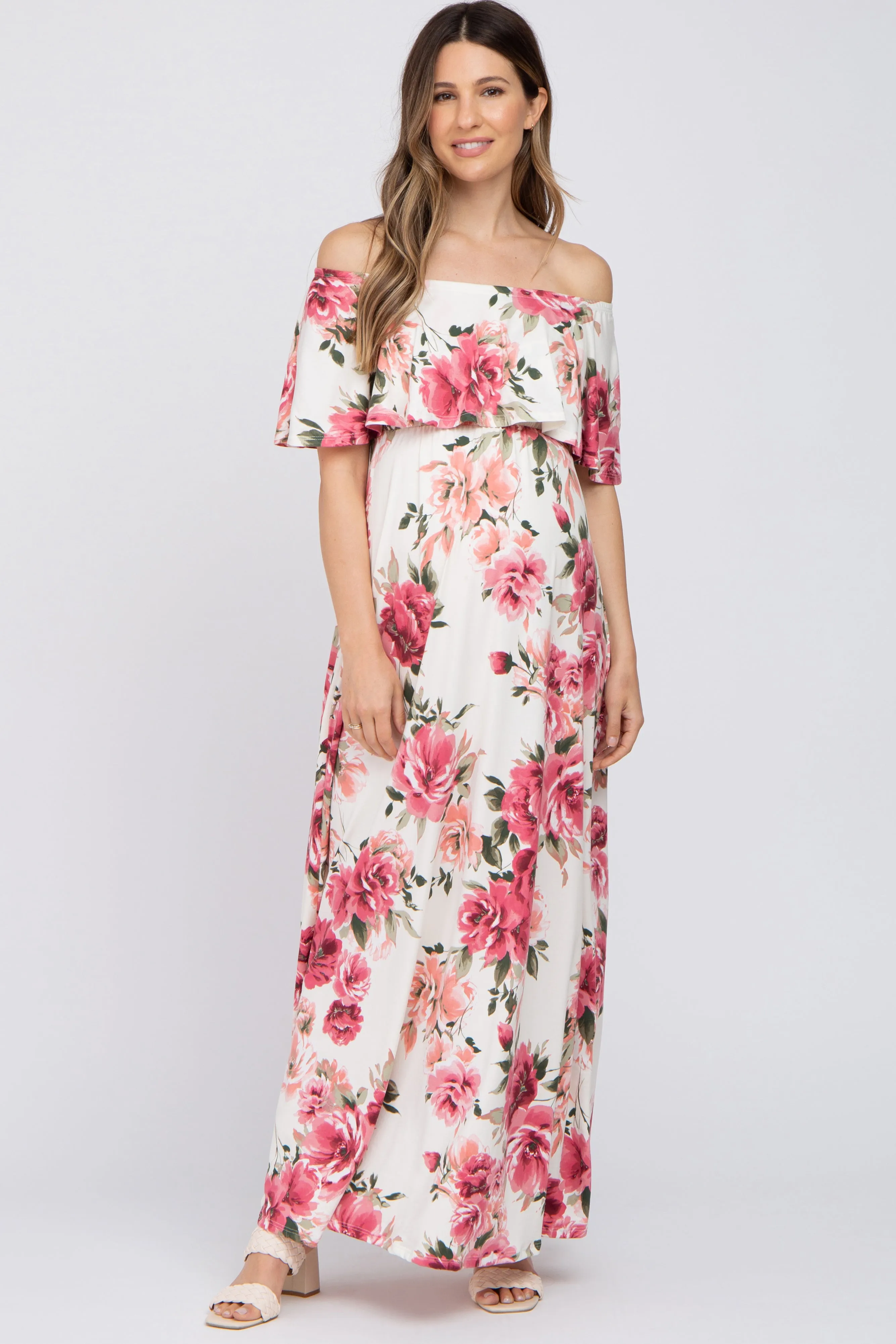 Ivory Floral Off Shoulder Flounce Maternity Maxi Dress sold by Pinkblush