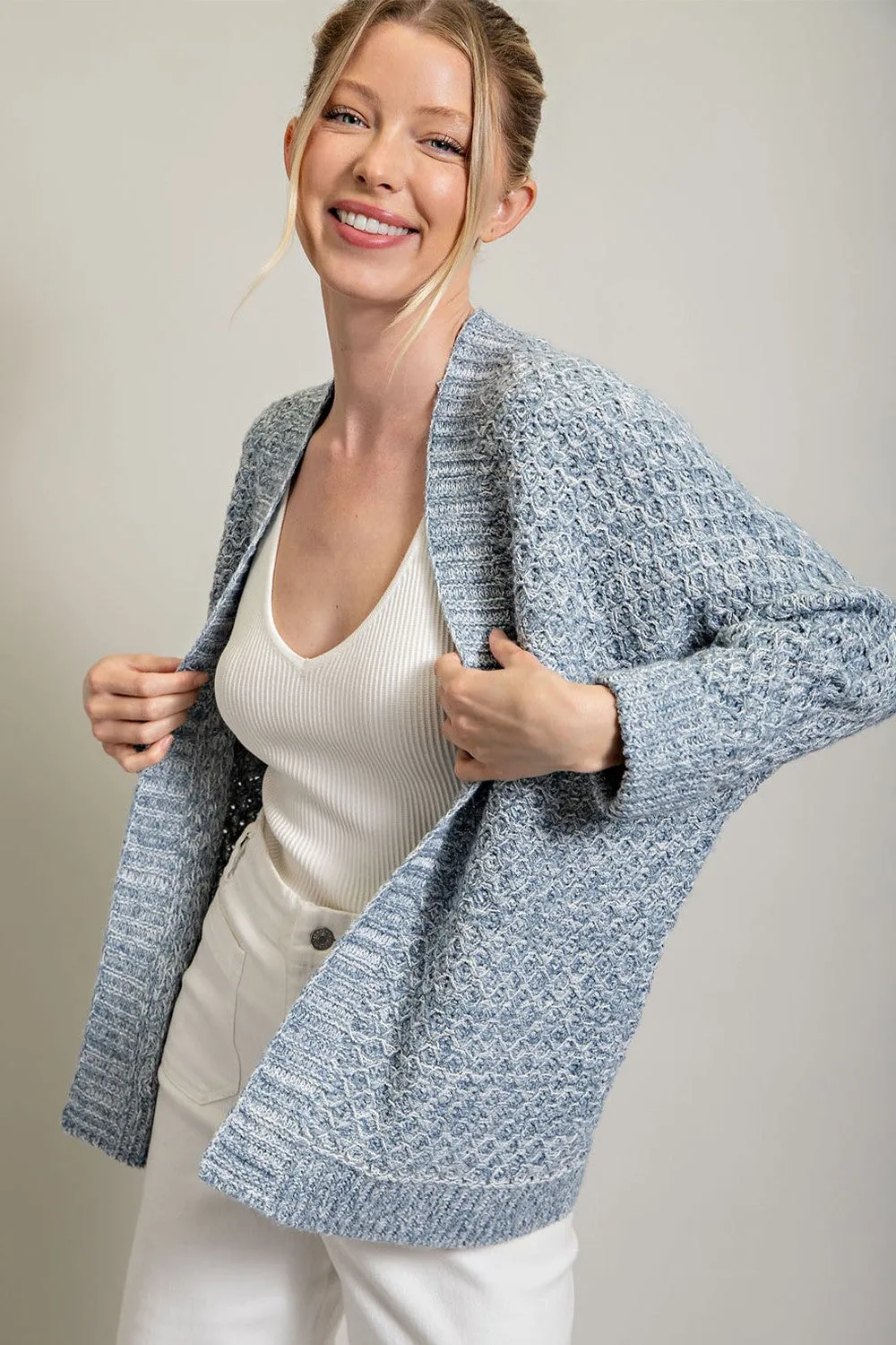 Blue Knit Cuffed Cardigan sold by Pinkblush