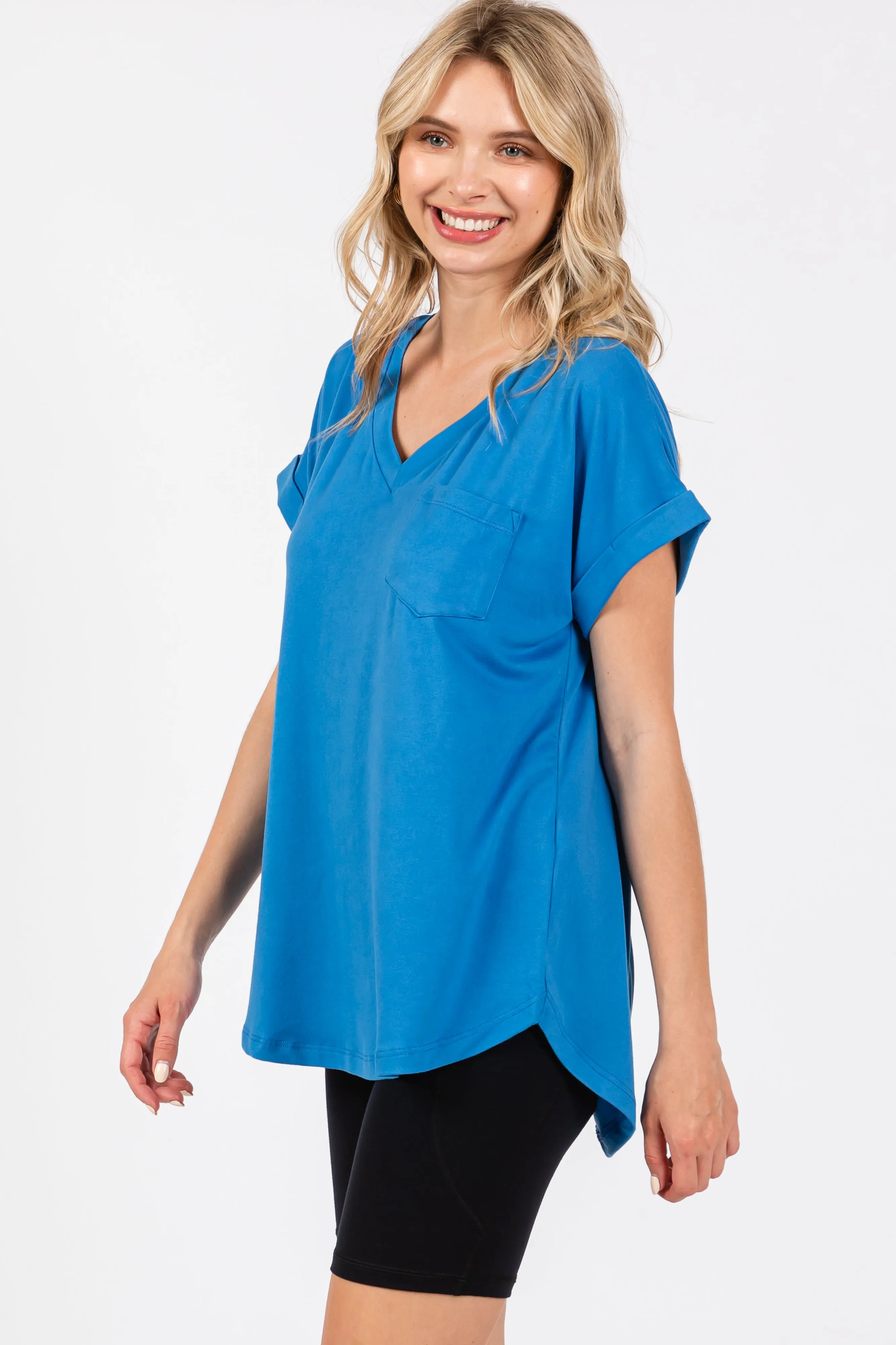 Royal Blue V-Neck Pocket Short Sleeve Shirt sold by Pinkblush product image thumbnail 2