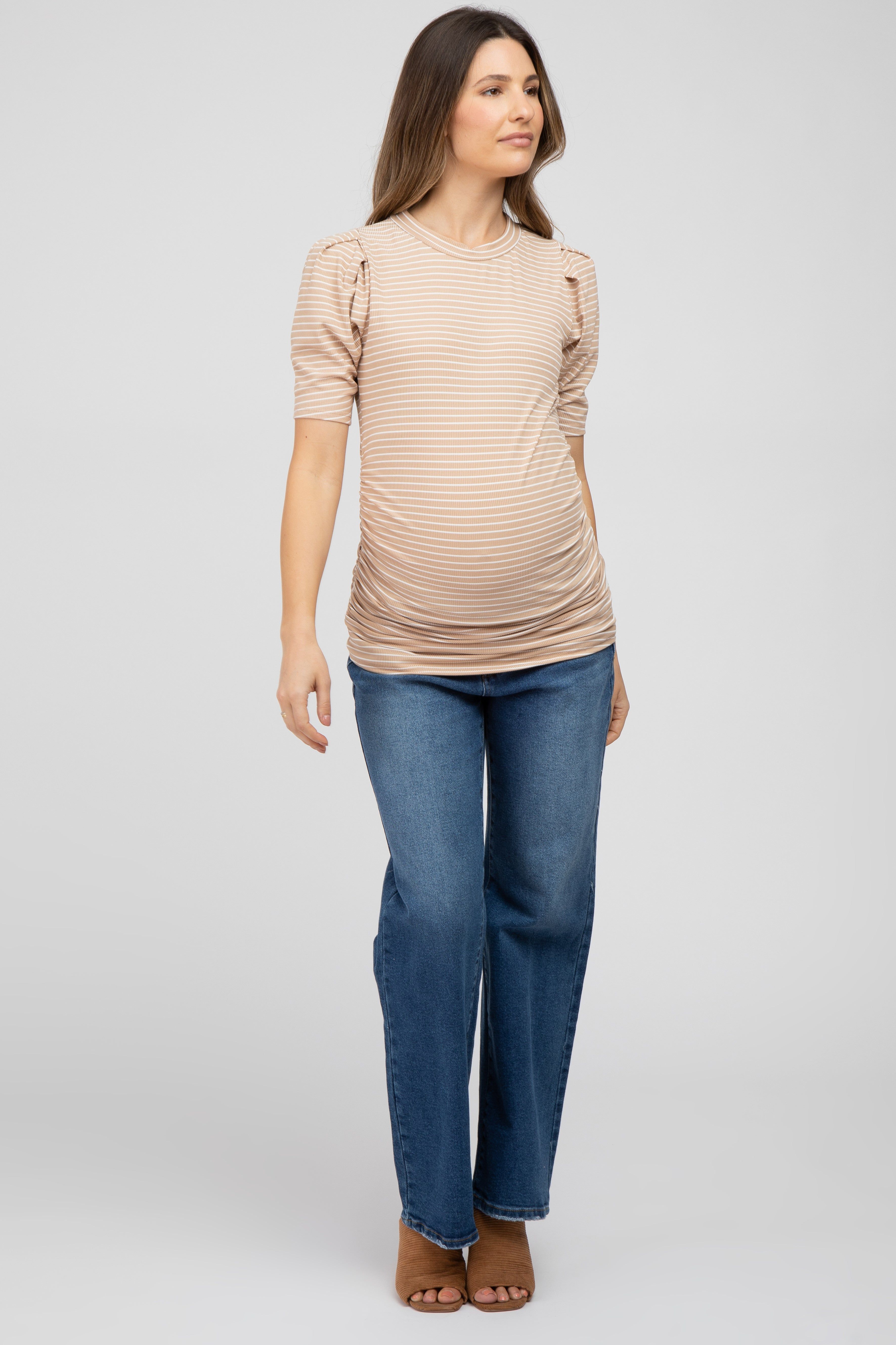 Taupe Striped Puff Sleeve Maternity Fitted Top sold by Pinkblush product image thumbnail 4
