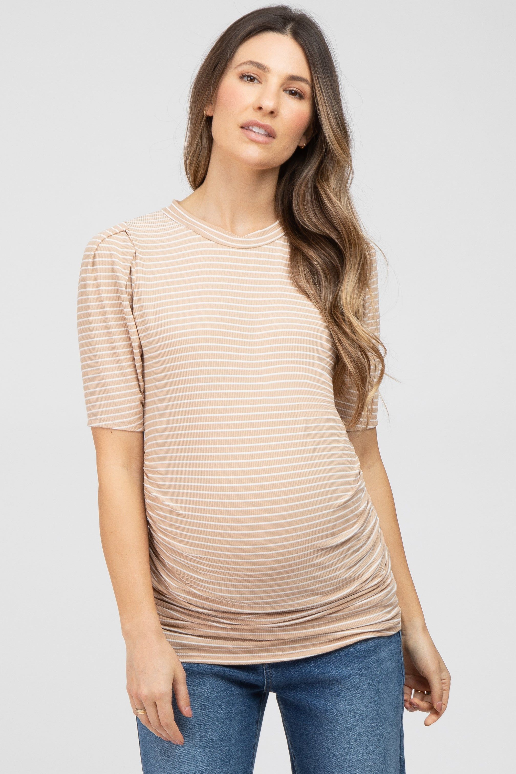 Taupe Striped Puff Sleeve Maternity Fitted Top sold by Pinkblush
