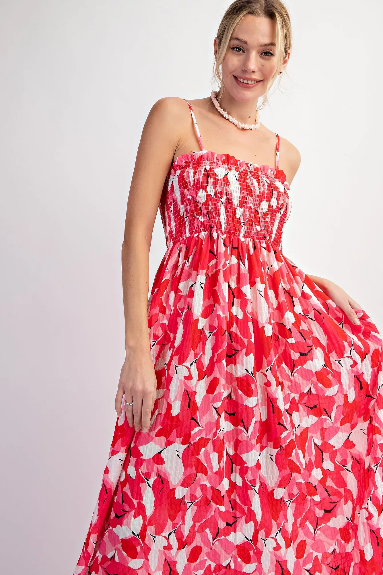 Fuchsia Abstract Floral Smocked Midi Dress sold by Pinkblush