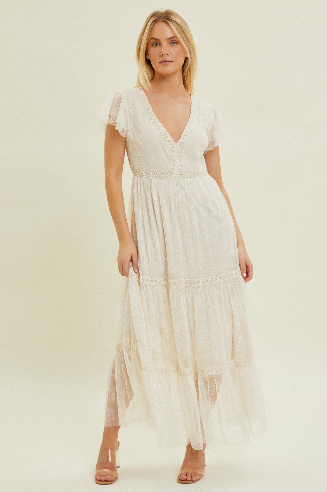 Ivory Maxi Dress W/ Embroidered Lace Trim sold by Pinkblush