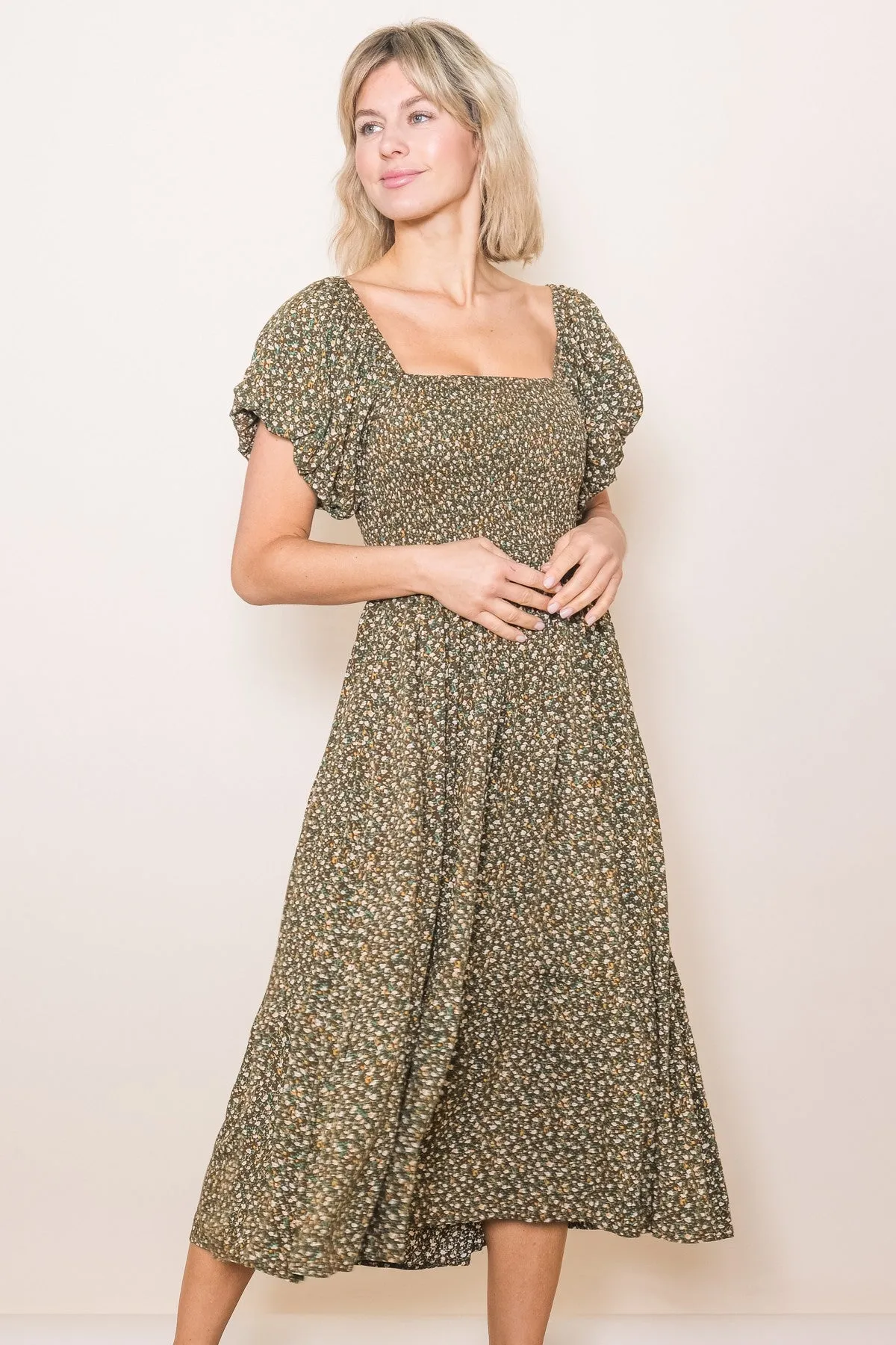 Olive Floral Smocked Maternity Midi Dress sold by Pinkblush product image thumbnail 3