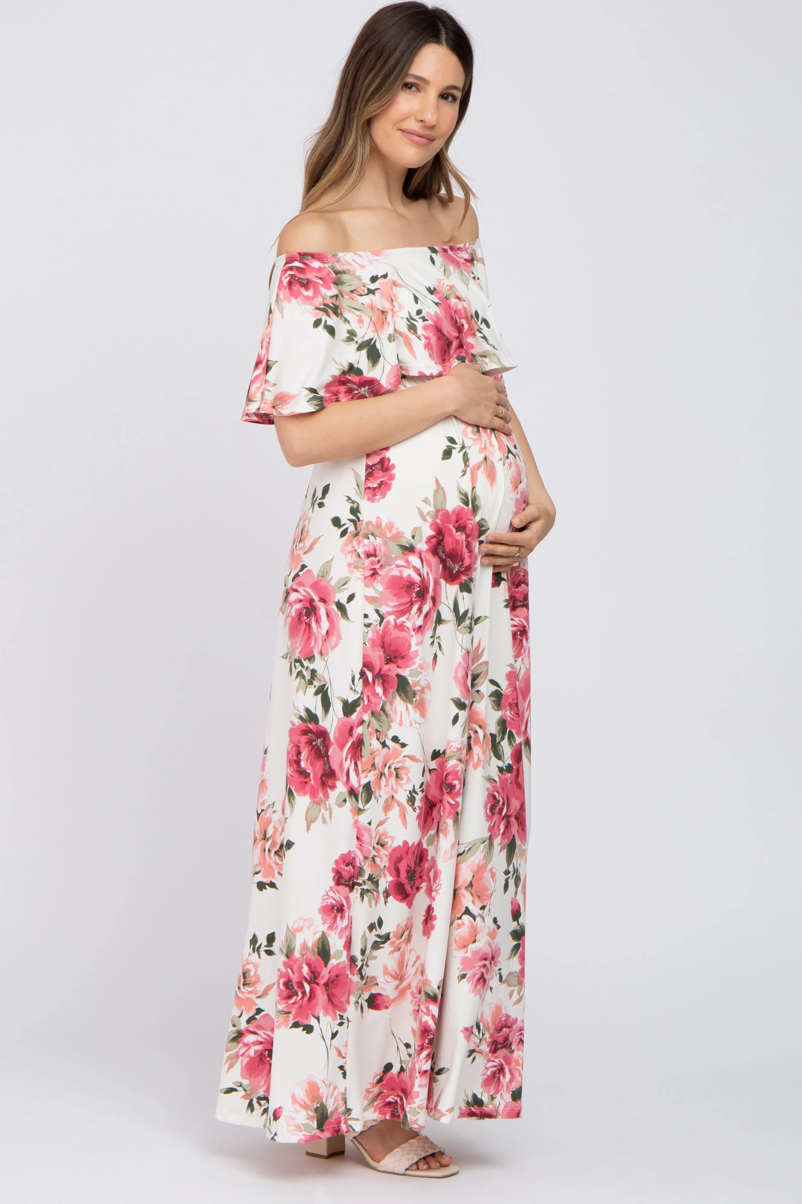 Ivory Floral Off Shoulder Flounce Maternity Maxi Dress sold by Pinkblush product image thumbnail 2