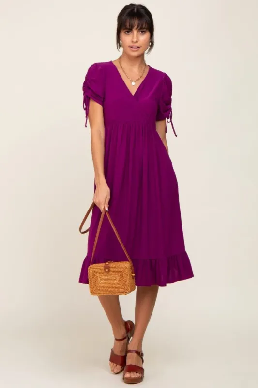 Purple Cinched Sleeve Midi Dress sold by Pinkblush