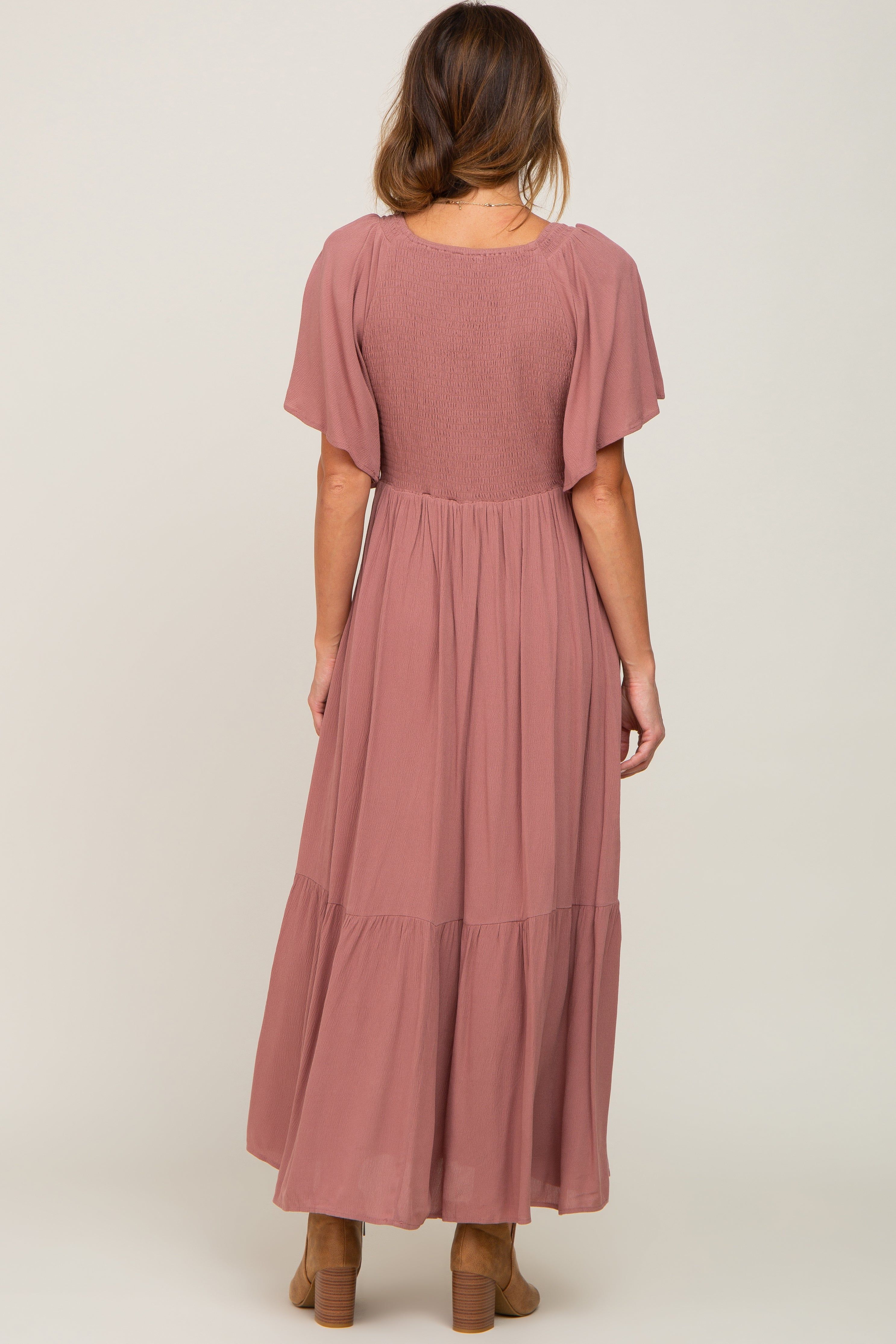 Mauve Flutter Sleeve Cinched Maxi Dress sold by Pinkblush product image thumbnail 3