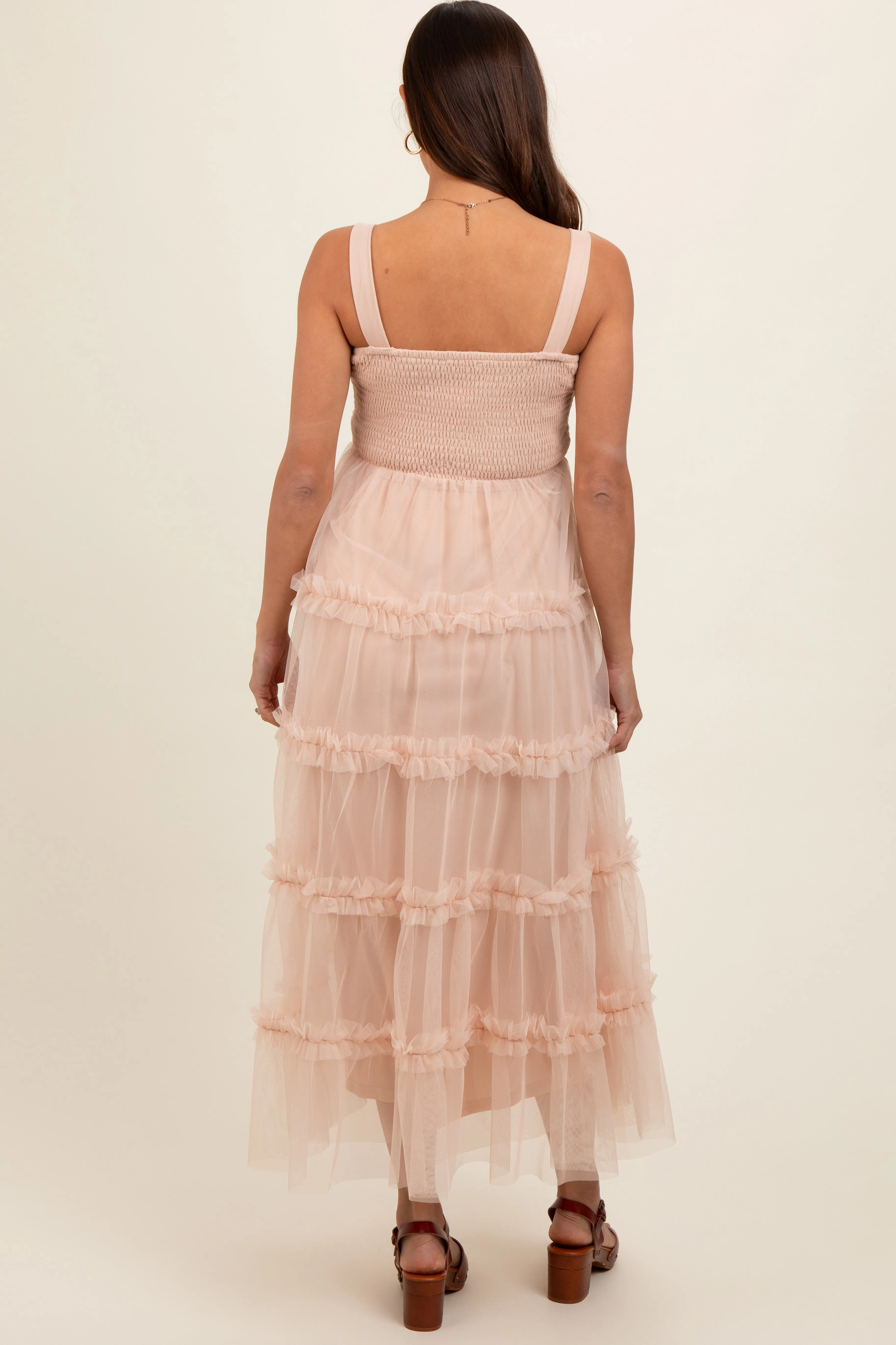 Beige Smocked Ruffle Tiered Tulle Maternity Midi Dress sold by Pinkblush product image thumbnail 4