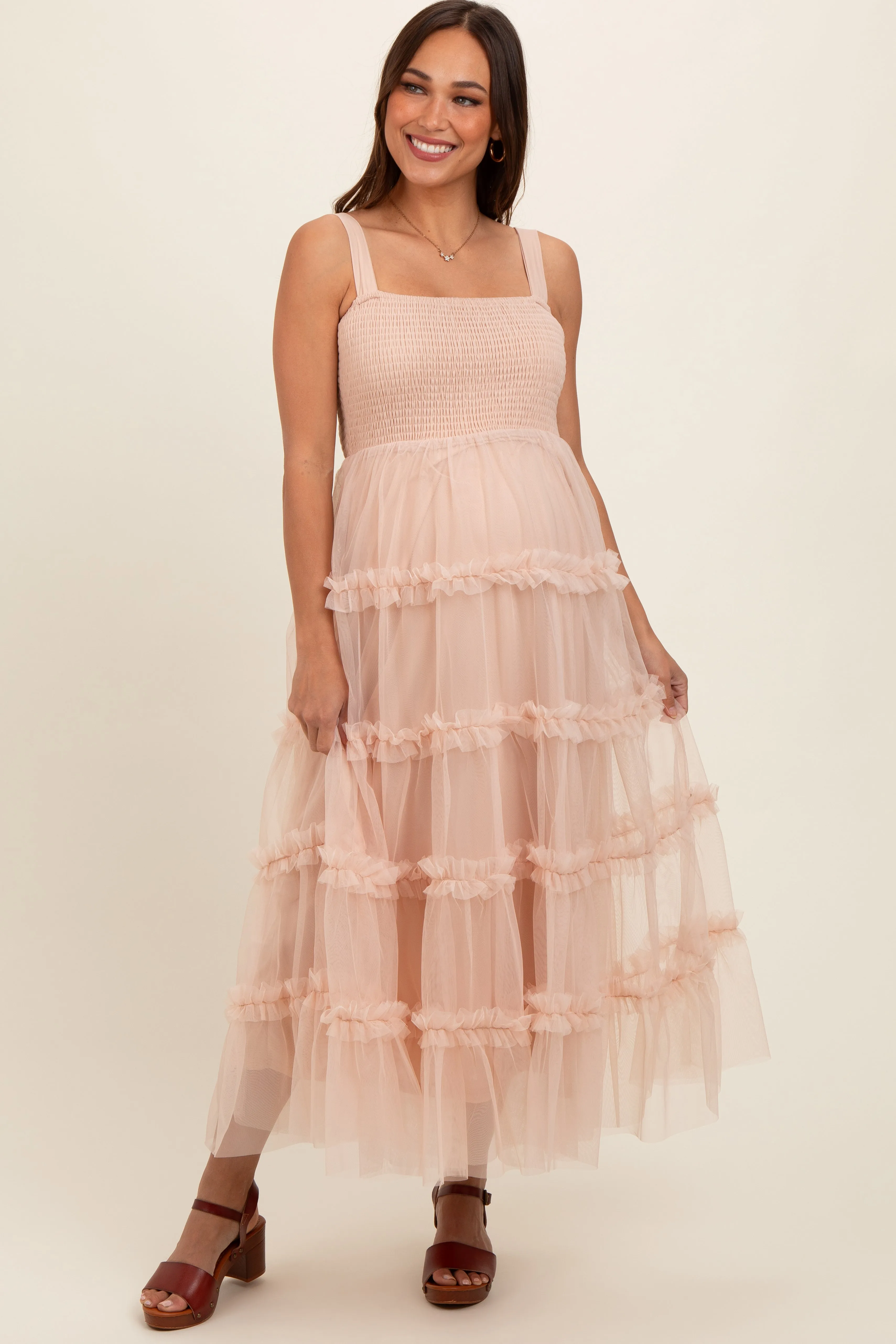 Beige Smocked Ruffle Tiered Tulle Maternity Midi Dress sold by Pinkblush