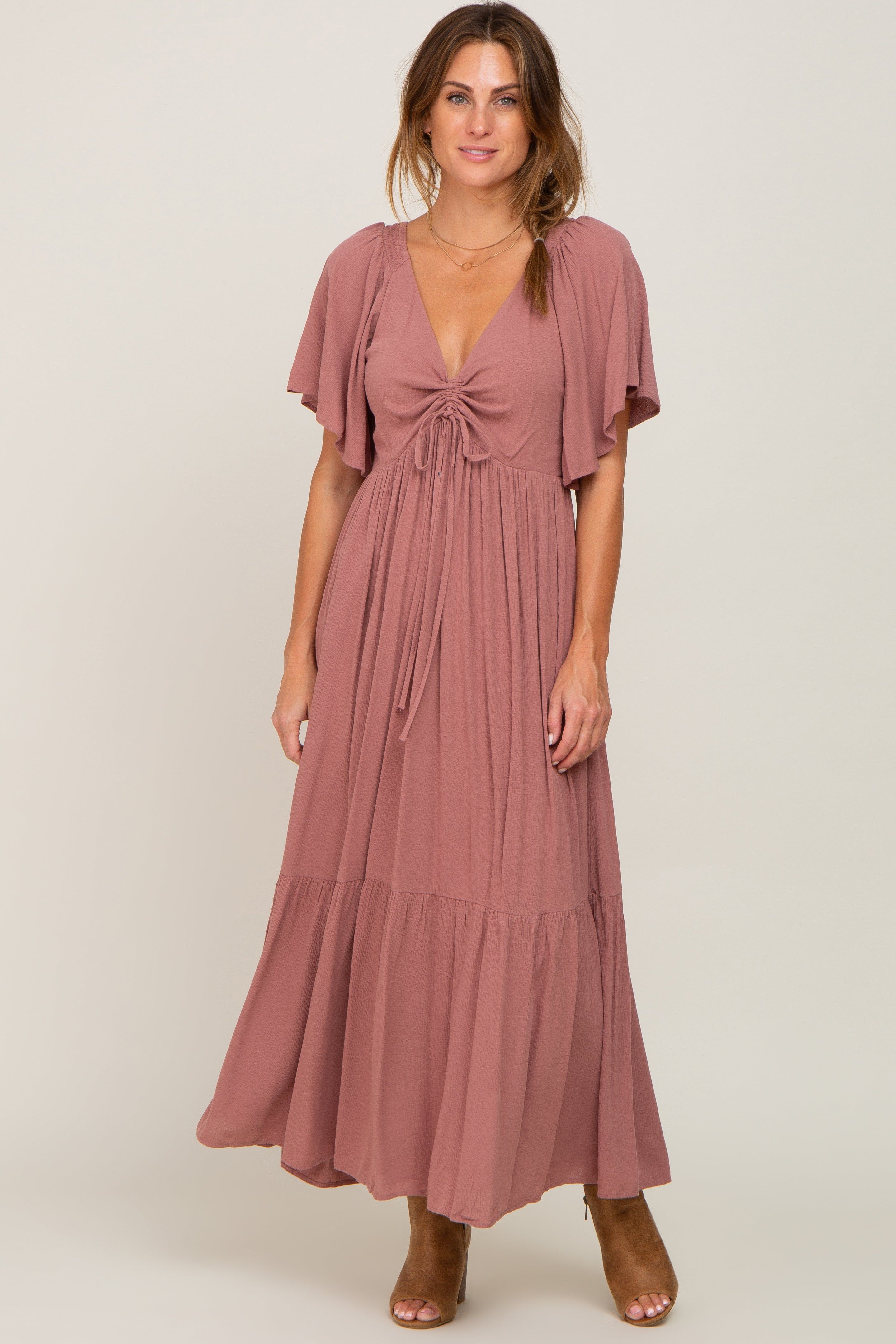Mauve Flutter Sleeve Cinched Maxi Dress sold by Pinkblush product image thumbnail 4