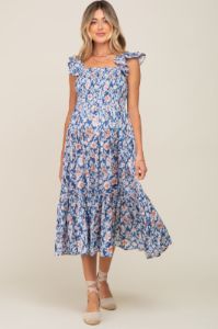 Blue Floral Smocked Frill Sleeve Maternity Midi Dress sold by Pinkblush