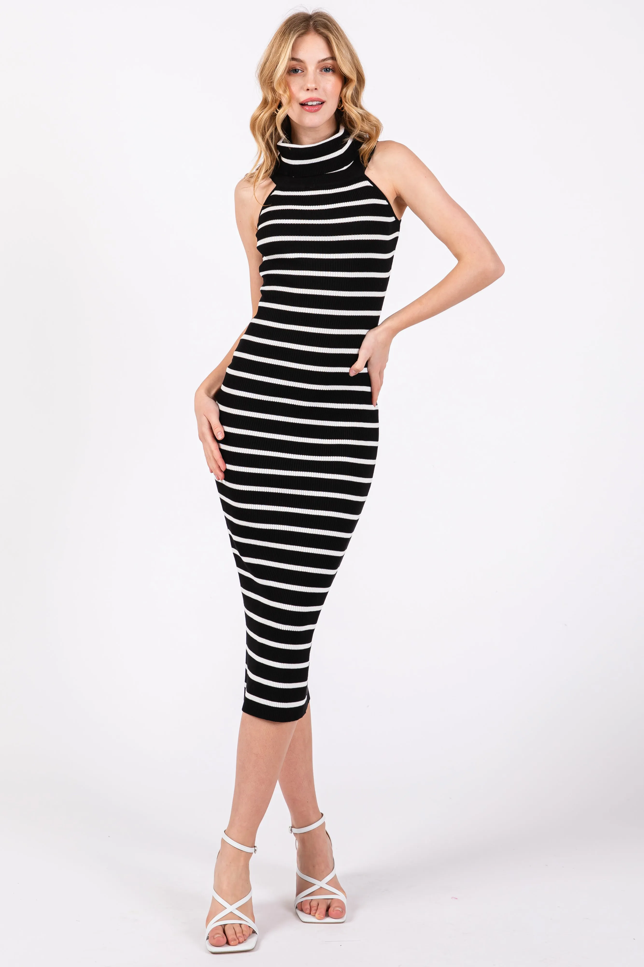 Black Striped Ribbed Off Shoulder Maternity Midi Dress sold by Pinkblush product image thumbnail 4