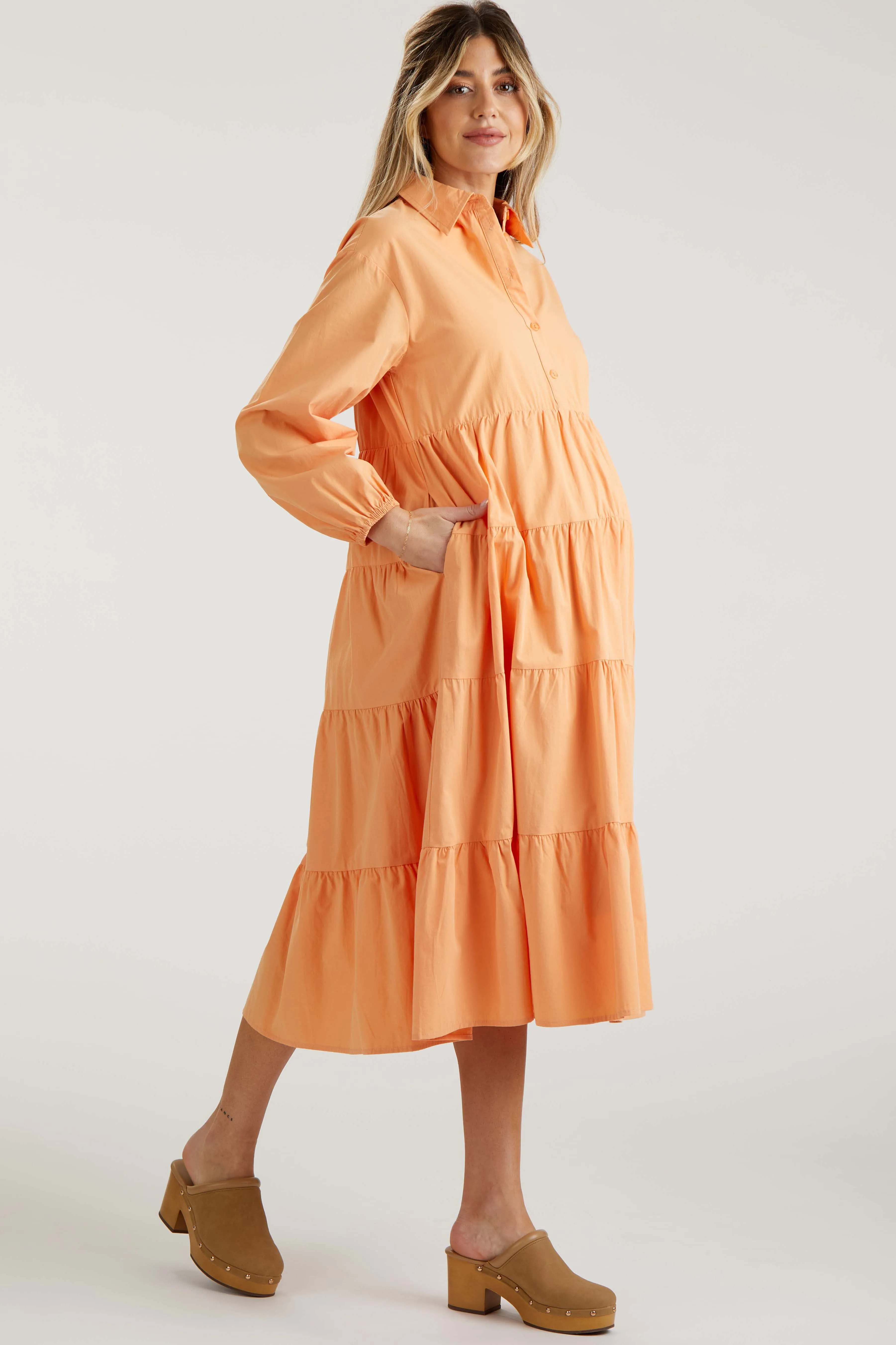 Peach Tiered Collared Maternity Midi Dress sold by Pinkblush