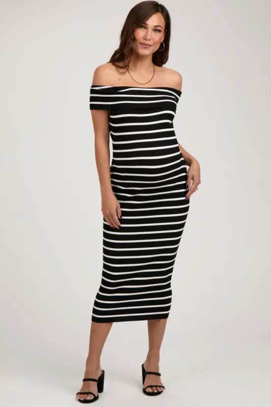 Black Striped Ribbed Off Shoulder Maternity Midi Dress sold by Pinkblush