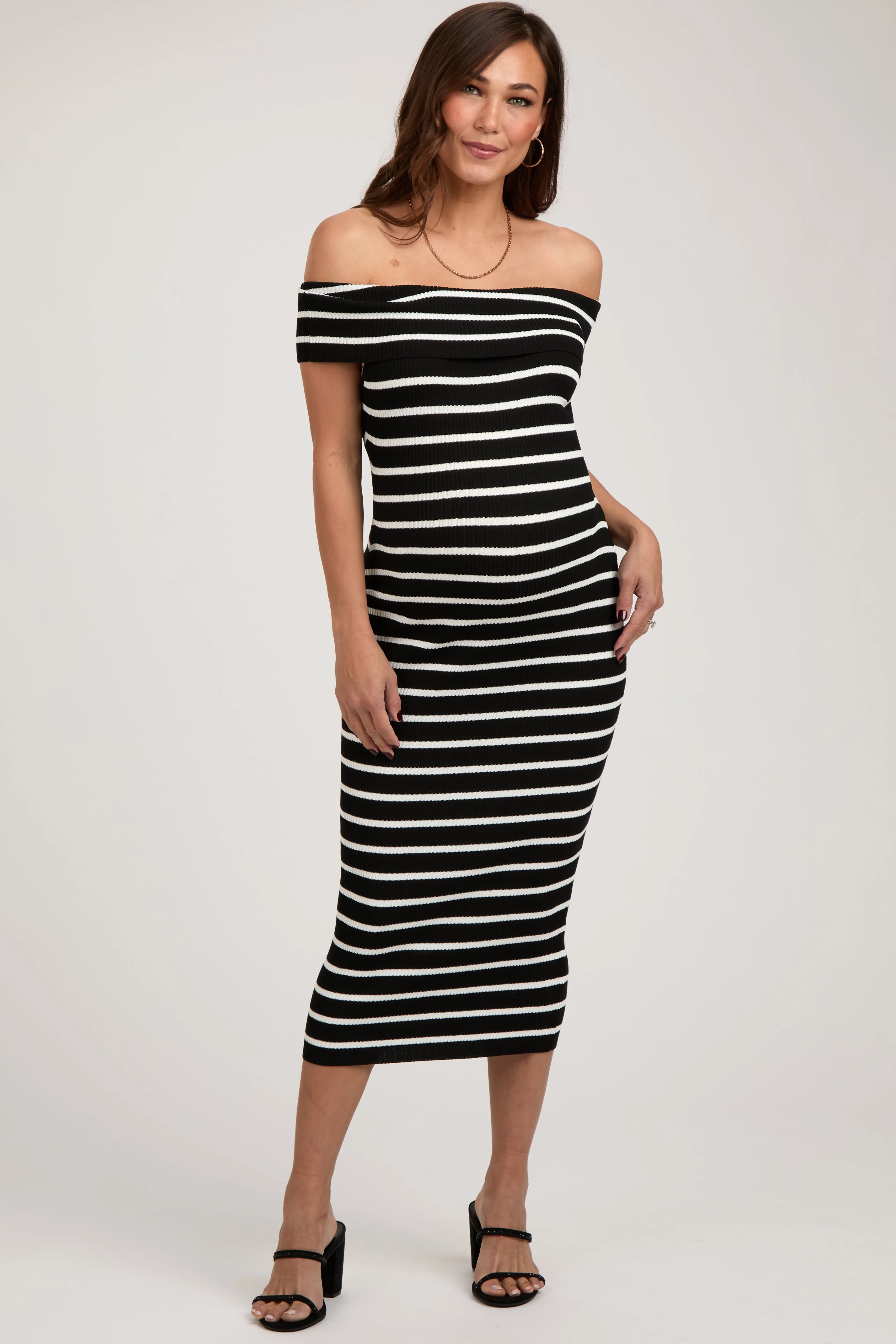 Black Striped Ribbed Off Shoulder Maternity Midi Dress sold by Pinkblush