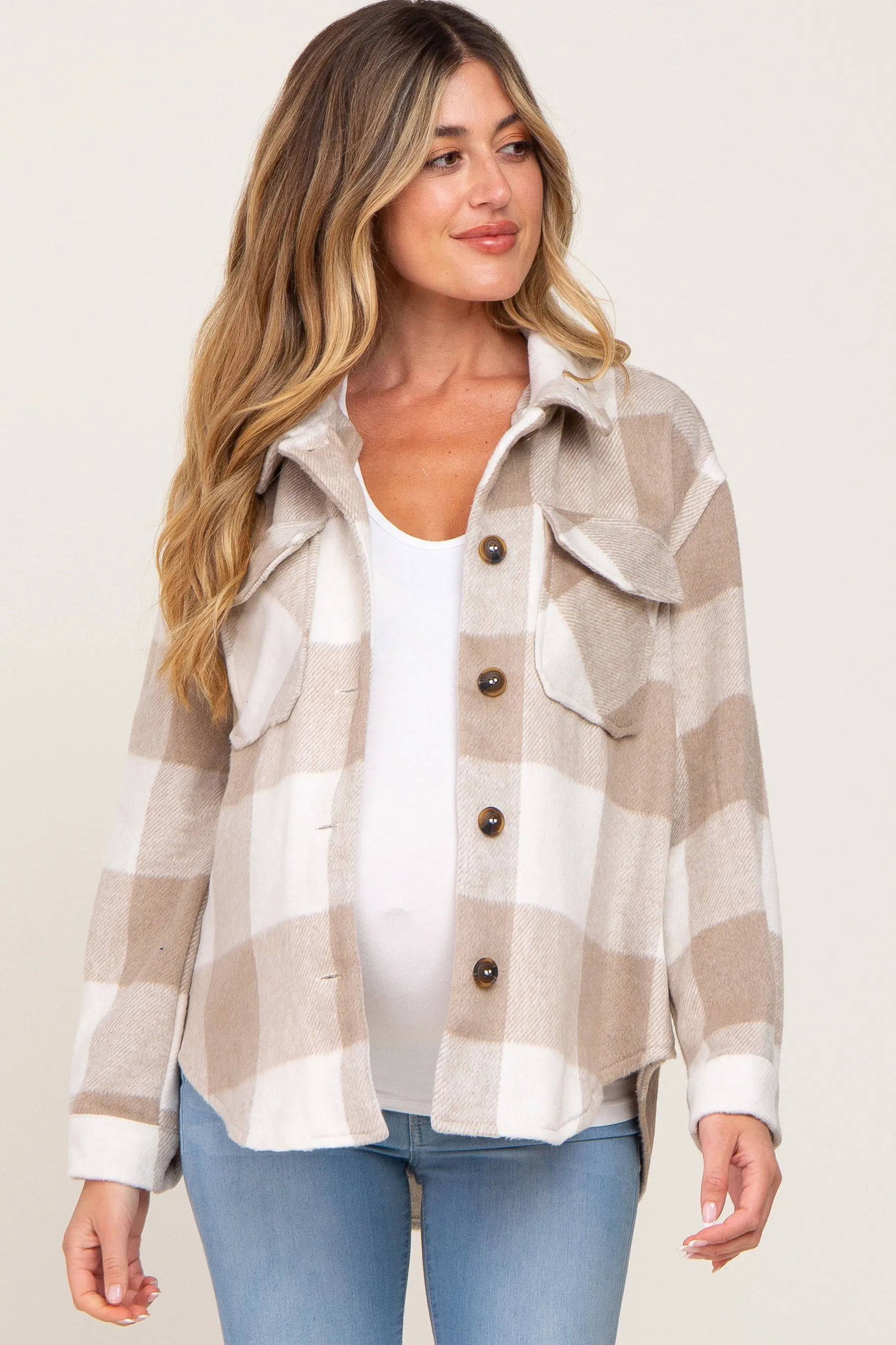Beige Plaid Knit Maternity Shirt Jacket sold by Pinkblush