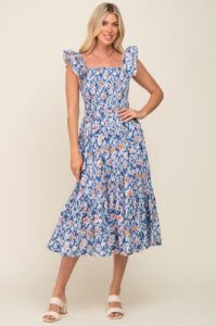 Blue Floral Smocked Frill Sleeve Maternity Midi Dress sold by Pinkblush