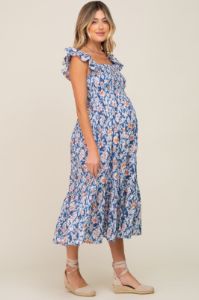 Blue Floral Smocked Frill Sleeve Maternity Midi Dress sold by Pinkblush