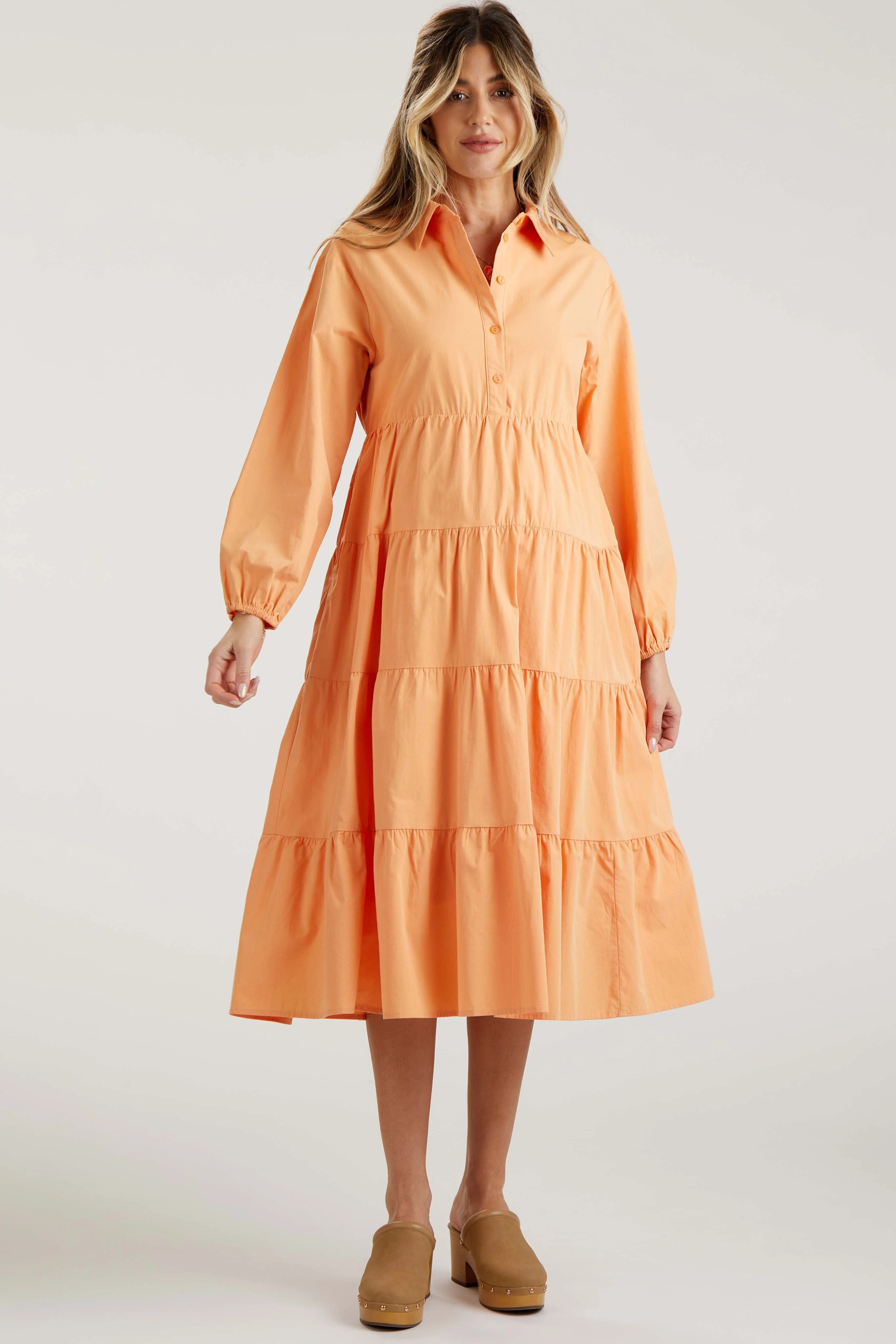 Peach Tiered Collared Maternity Midi Dress sold by Pinkblush product image thumbnail 2