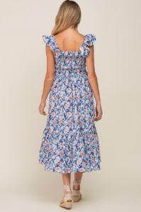 Blue Floral Smocked Frill Sleeve Maternity Midi Dress sold by Pinkblush