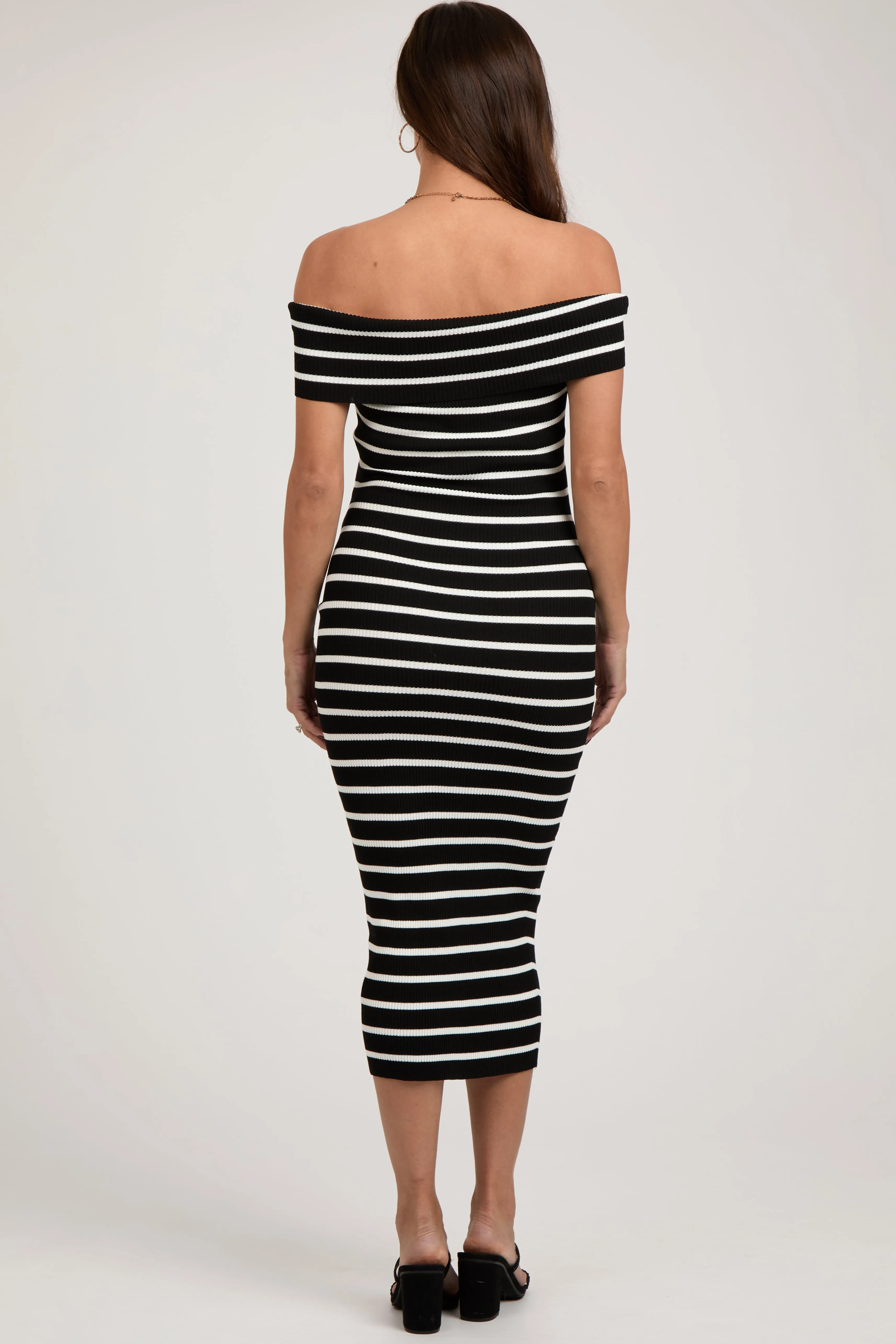 Black Striped Ribbed Off Shoulder Maternity Midi Dress sold by Pinkblush product image thumbnail 3