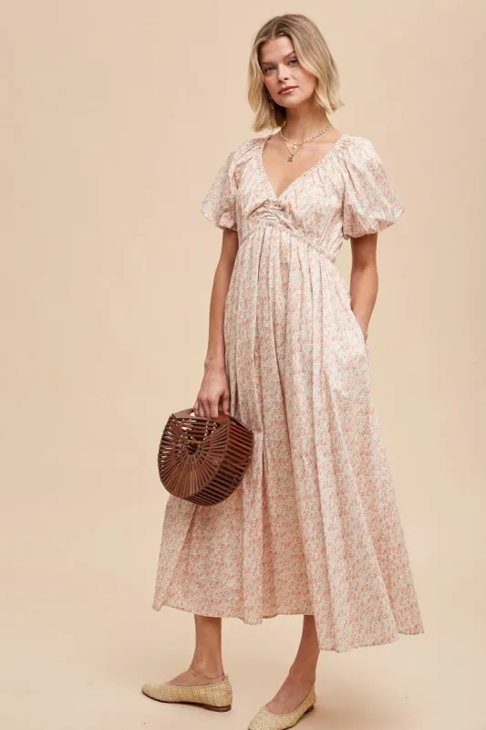 Peach Strawberry Floral Puff Sleeve Midi Dress sold by Pinkblush