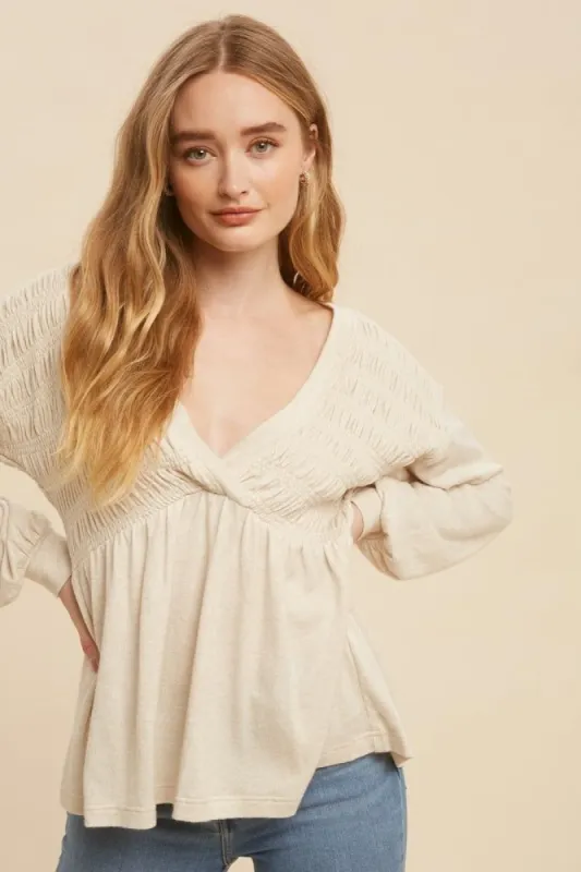 Oatmeal Long Sleeve V Neck Babydoll Blouse sold by Pinkblush