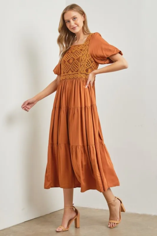 Mocha Crochet Bodice Maxi Dress sold by Pinkblush