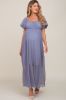 Blue Grey Pleated Puff Sleeve Matenrity Maxi Dress sold by Pinkblush