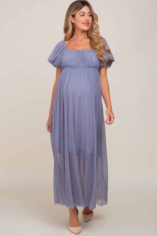 Blue Grey Pleated Puff Sleeve Matenrity Maxi Dress sold by Pinkblush product image thumbnail 4